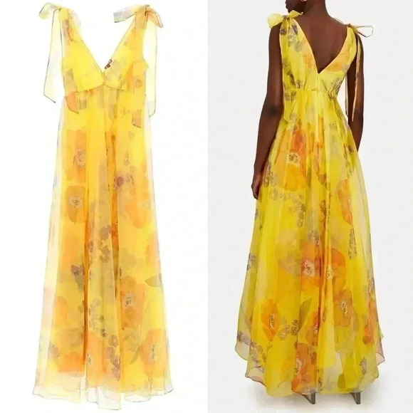 STAUD Dandelion Printed Organza Maxi Dress in Goldie Size 10 - Picture 11 of 16